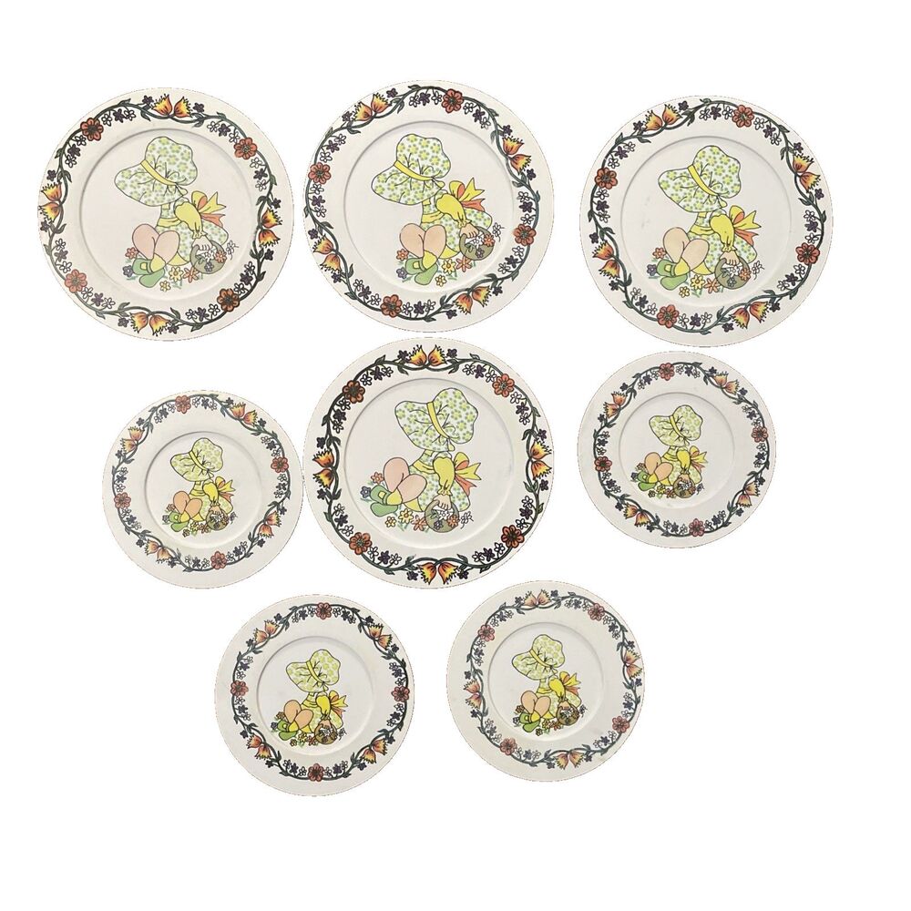 Vtg Chilton Holly Hobbie Plastic Tea Set Plates Lot 8pc Aluminum Specialty 1970s